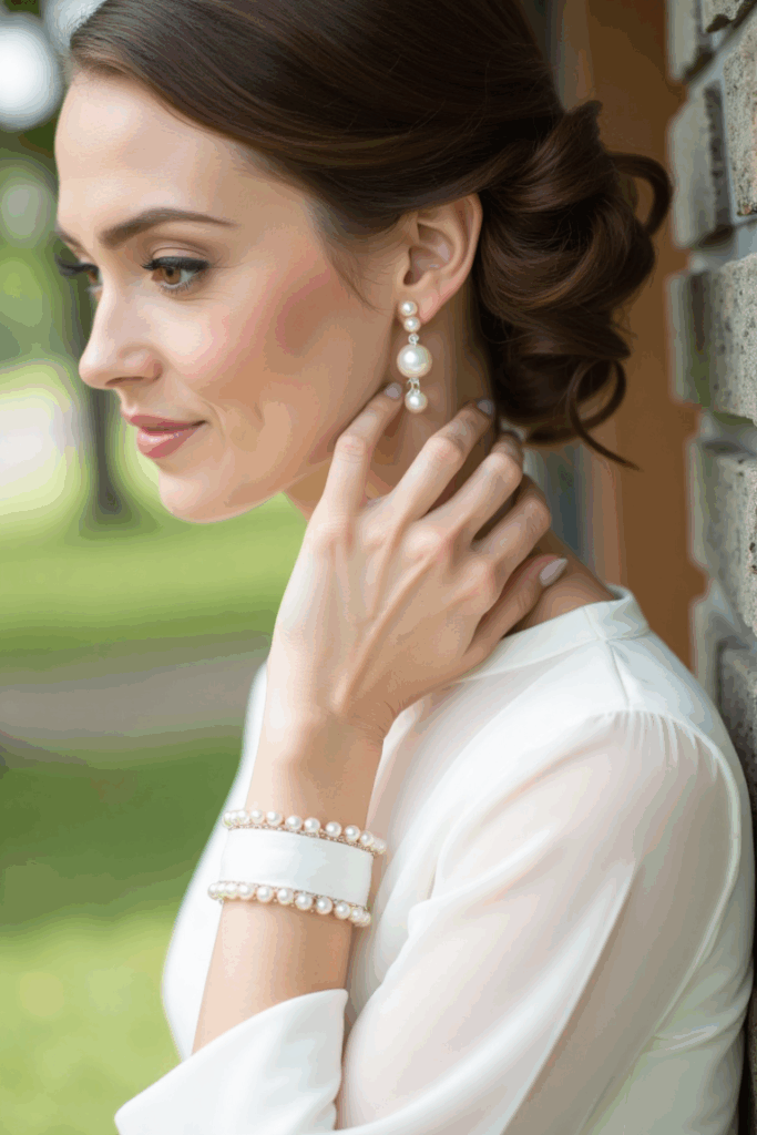 A woman accessorizing her wedding guest outfit with a classic pair of pearl earrings and a delicate bracelet, complementing her 3/4-sleeve dress