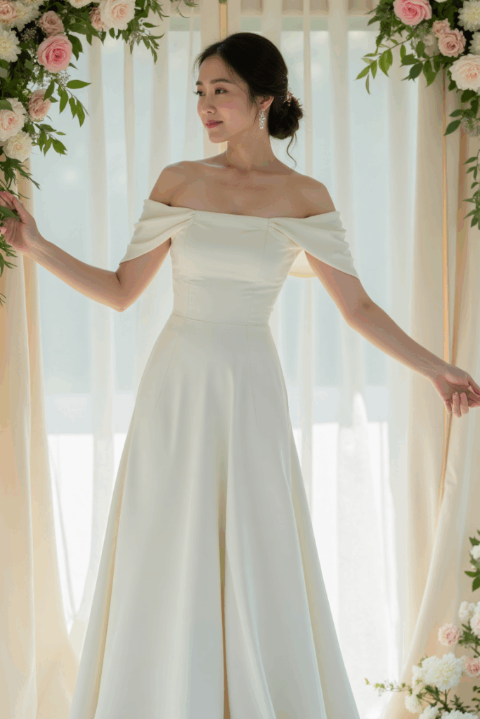 a woman in a beautiful tea-length dress with fitted sleeve