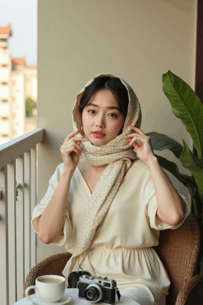 woman wearing gold hoops and a cream blouse with a compact crossbody bag and a silk scarf around her neck