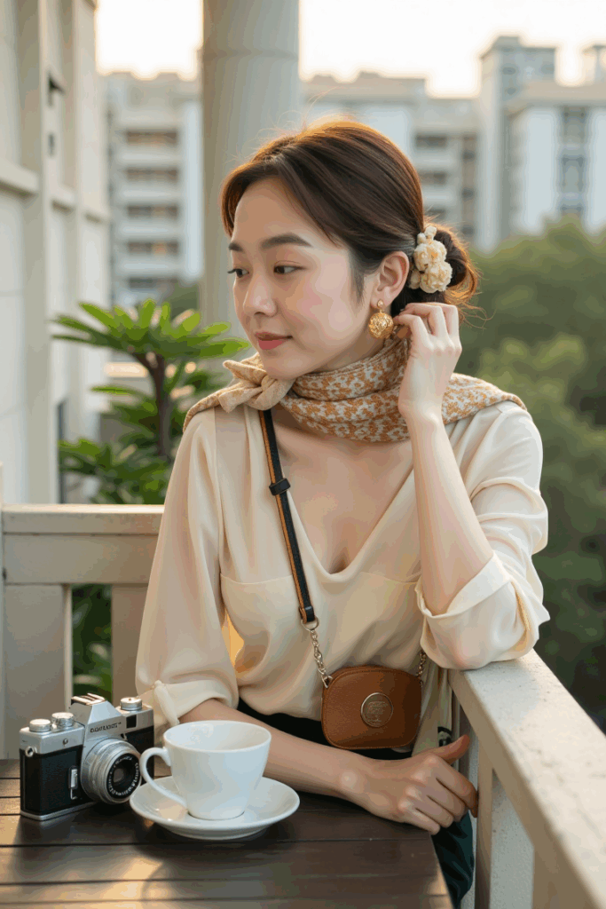 woman wearing gold hoops and a cream blouse with a compact crossbody bag and a silk scarf around her neck