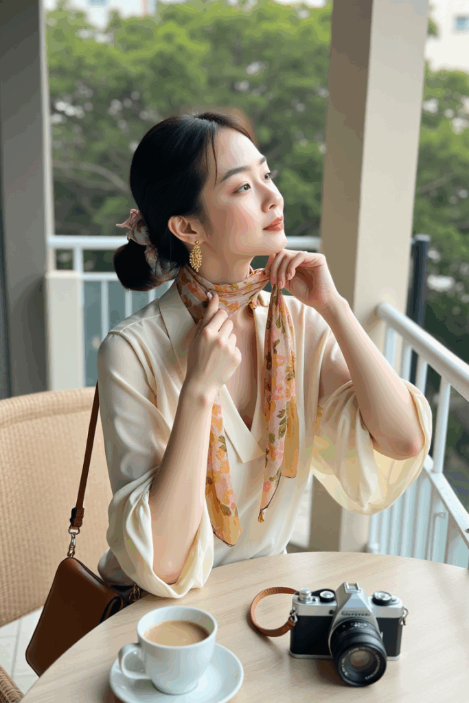 woman wearing gold hoops and a cream blouse with a compact crossbody bag and a silk scarf around her neck