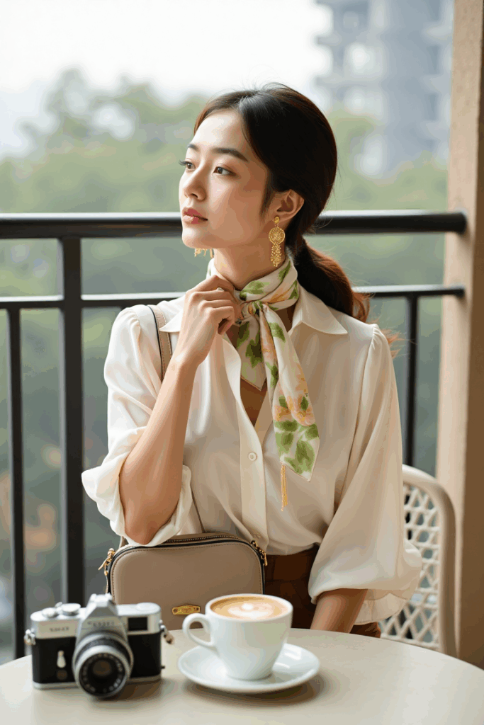 woman wearing gold hoops and a cream blouse with a compact crossbody bag and a silk scarf around her neck