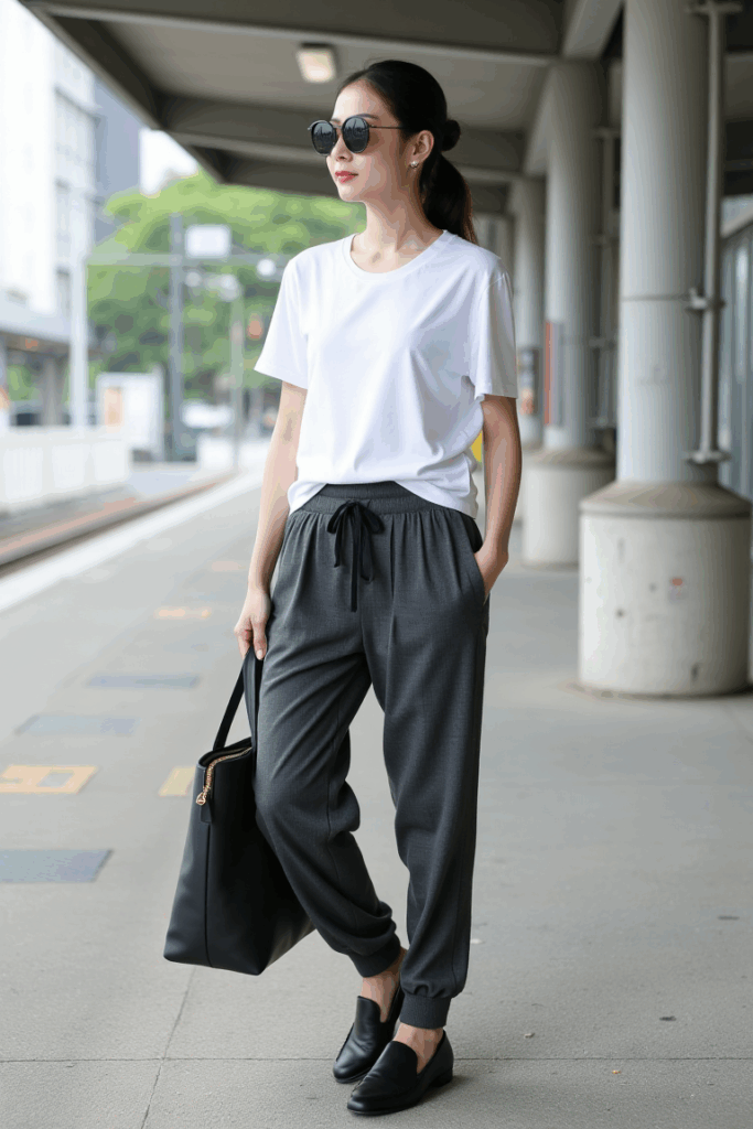 woman wearing charcoal gray tailored joggers with a defined waistband and subtle pleats paired with a clean white tee and loafers