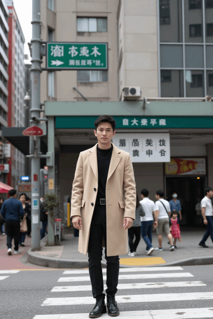 📸 Asian man in a beige trenchcoat