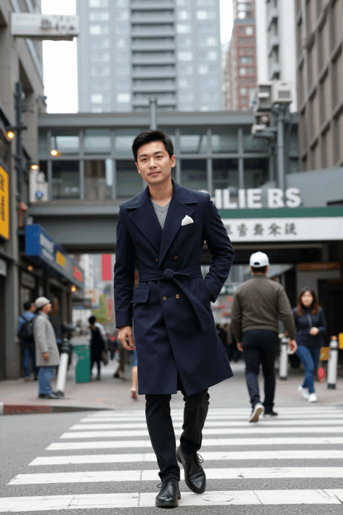 📸 Asian man in a navy trench coat