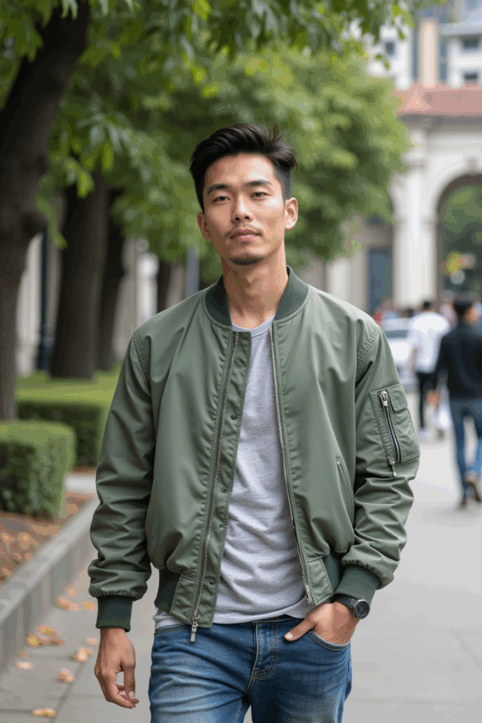 asian man in a sage green bomber jacket