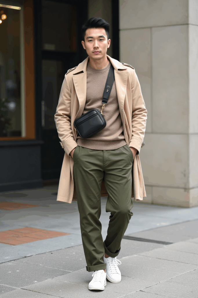 a sand trench coat layered over a taupe crewneck sweater, olive tapered chinos, and white sneakers