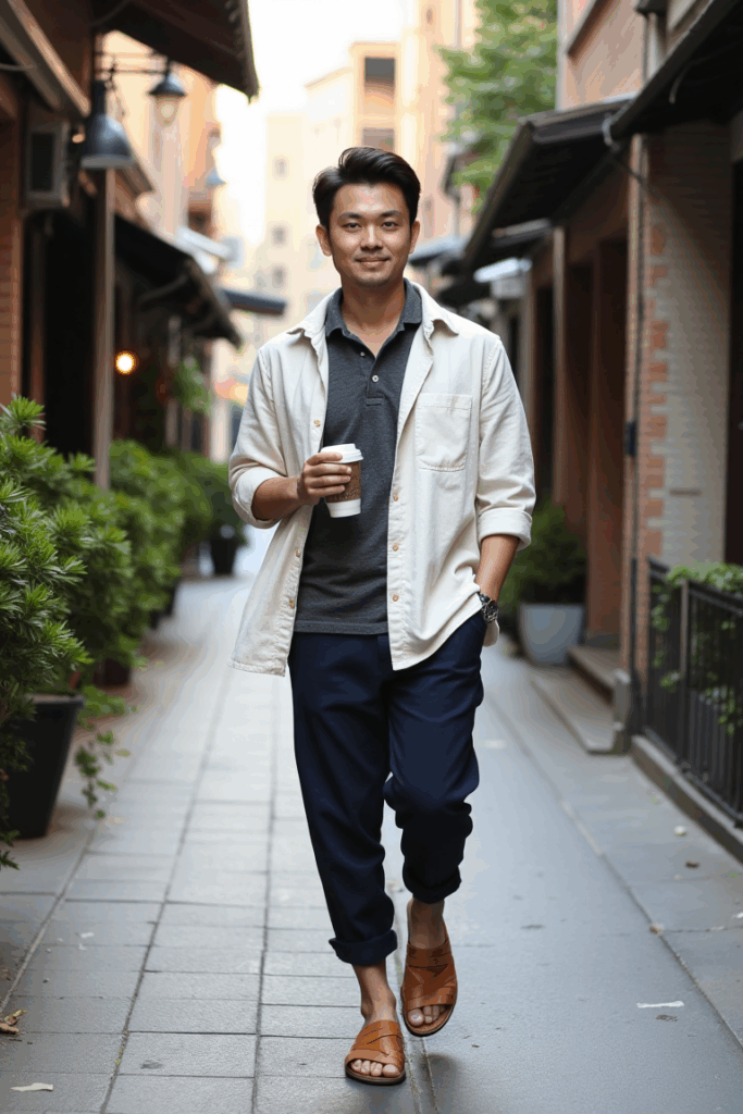 Oversized cream linen overshirt open over a charcoal knit polo, navy ankle-length pants, tan sandal
