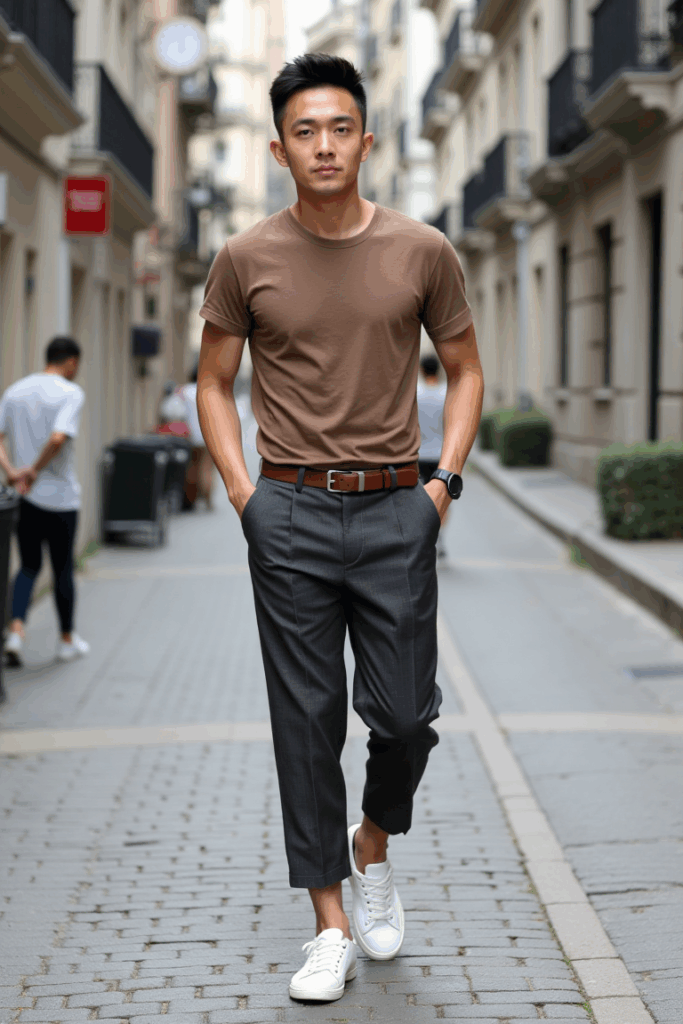 Cropped pleated dark grey trousers, tucked-in mocha tee, low-top sneakers, thin leather belt