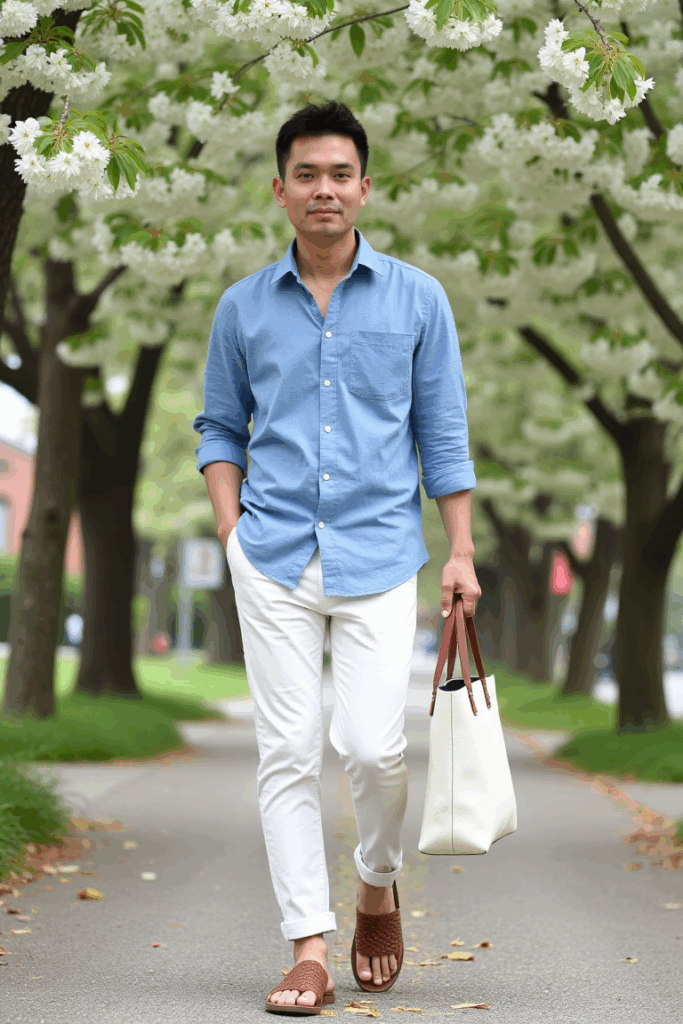 Sky-blue linen button-down, half-tucked into off-white slim chinos, brown woven sandals