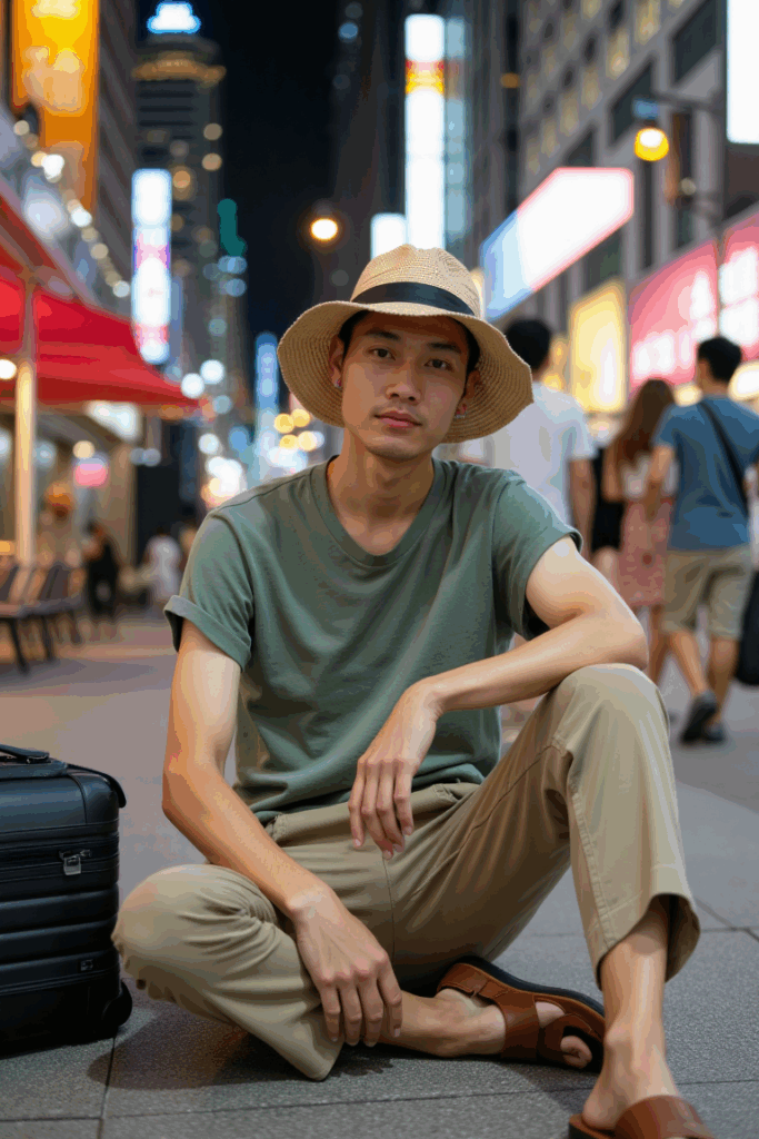Oat drawstring pants with relaxed fit, loose sage tee, straw fedora, brown sandals
