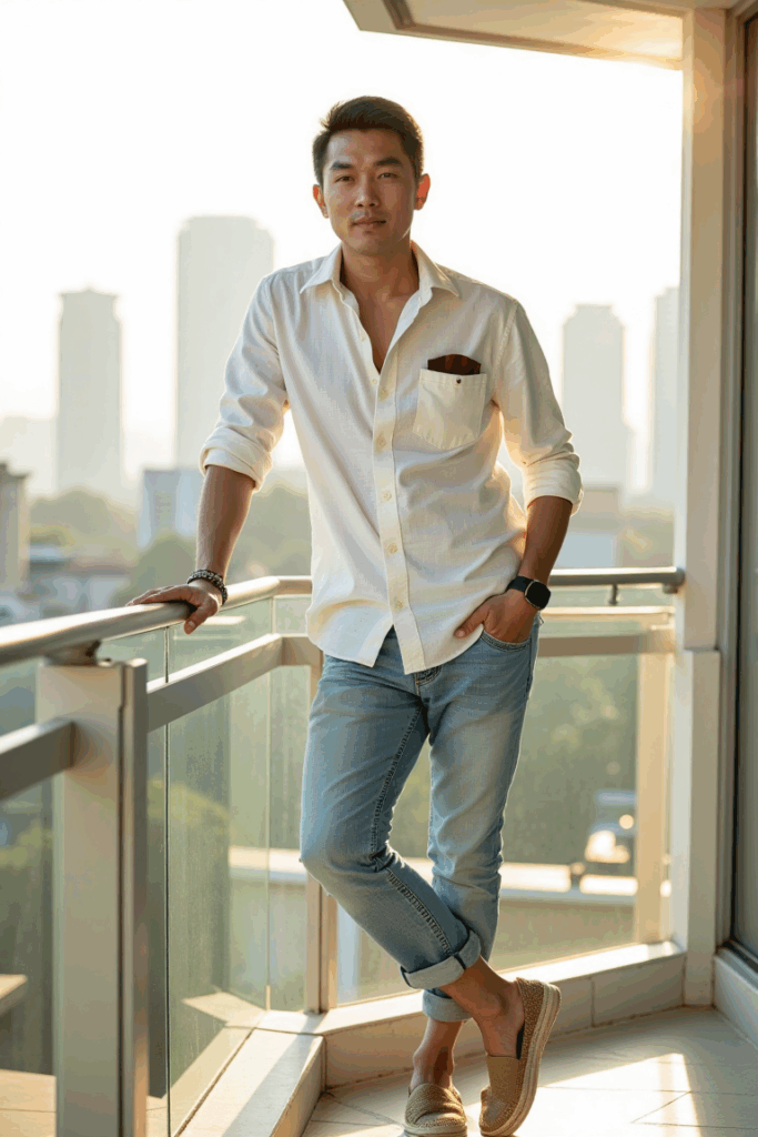 Light-wash cropped denim with rolled cuffs, tucked linen shirt, espadrilles, leather wrist cuff