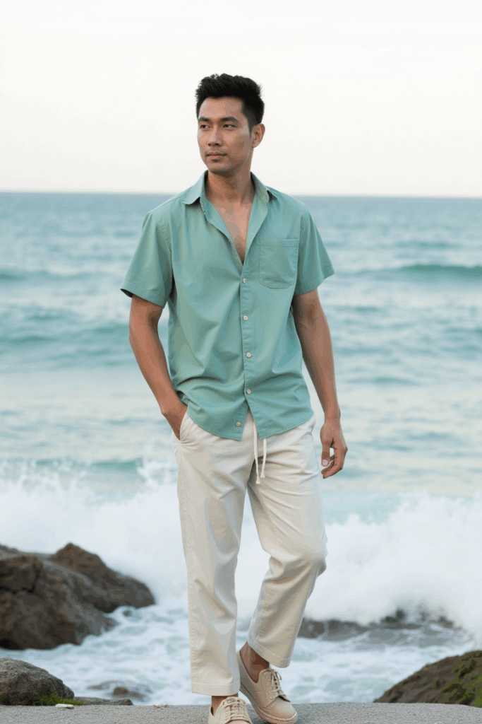 Natural espadrilles, cream drawstring trousers, seafoam green short-sleeve button-up