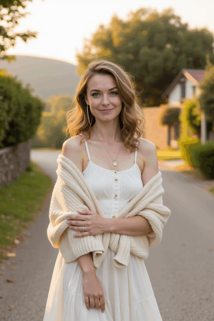 woman draping a soft pastel cashmere sweater over her shoulders, styled over a midi dres