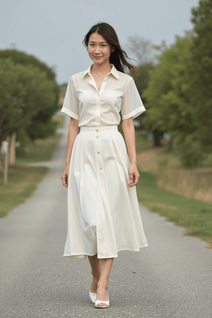 woman in a cream A-line midi skirt with a tucked-in blouse