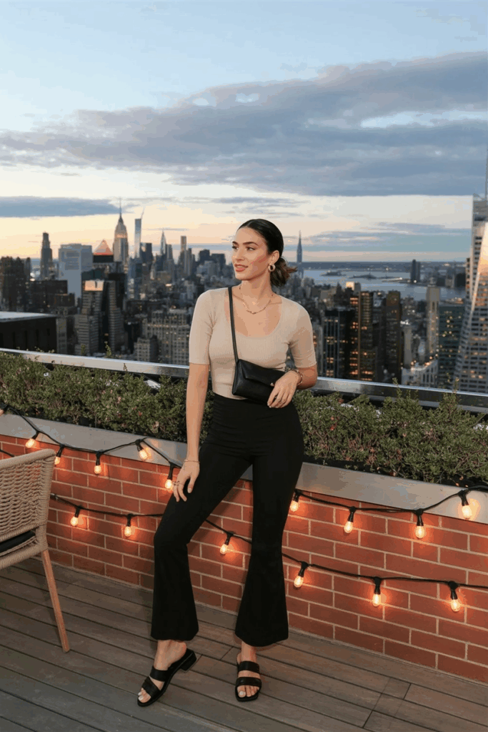 A woman wearing high-waisted black flare leggings, a beige fitted knit top, black leather slide sandals, and a slim crossbody bag. Her hair is loosely tied, and she wears minimal gold jewelry