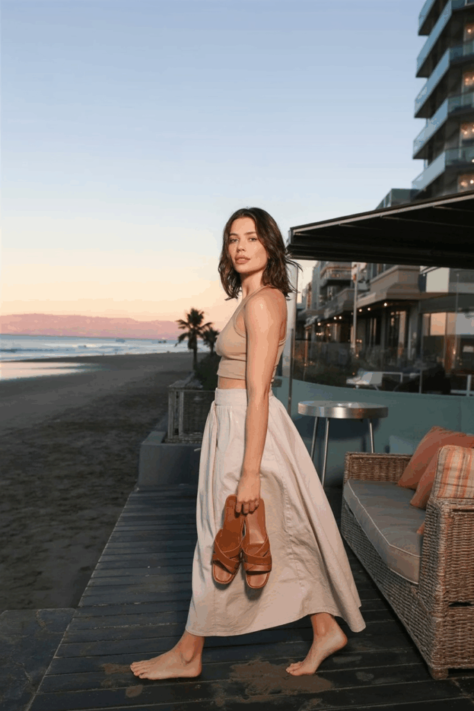 A woman wearing a soft beige linen maxi skirt and tan leather slide sandals with crisscross straps.