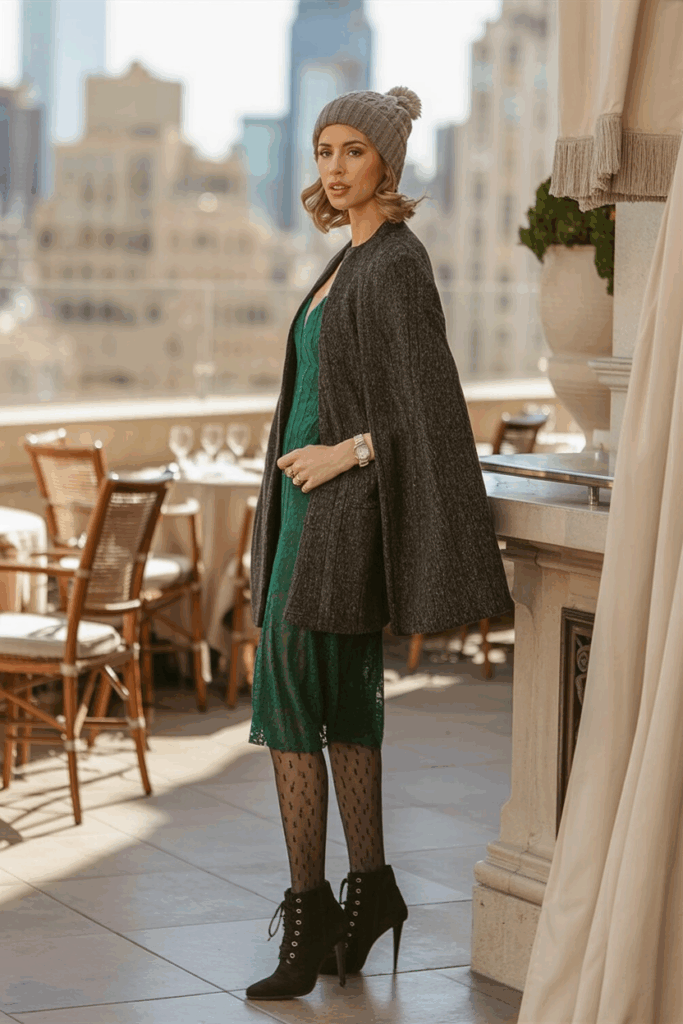 Woman wearing a charcoal cape-style coat over a jewel-tone long dress, black cashmere tights, black lace-up ankle boots, and a knit beanie