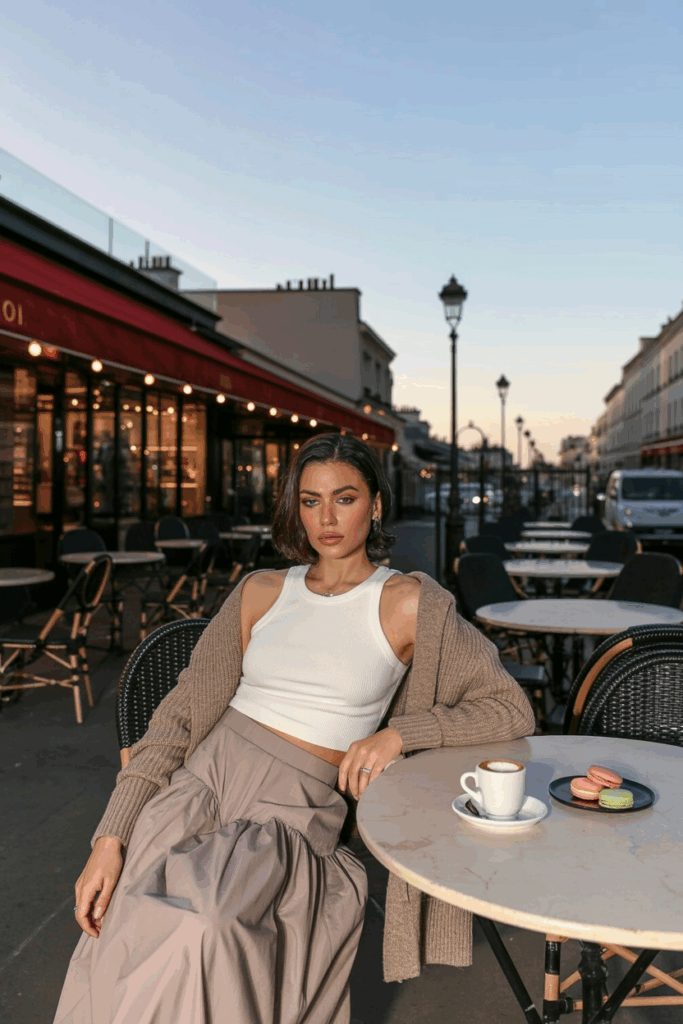 A woman wearing a pale taupe cotton maxi skirt, a fitted white ribbed tank tucked in, and a soft knit cardigan in oatmeal draped over her shoulders.