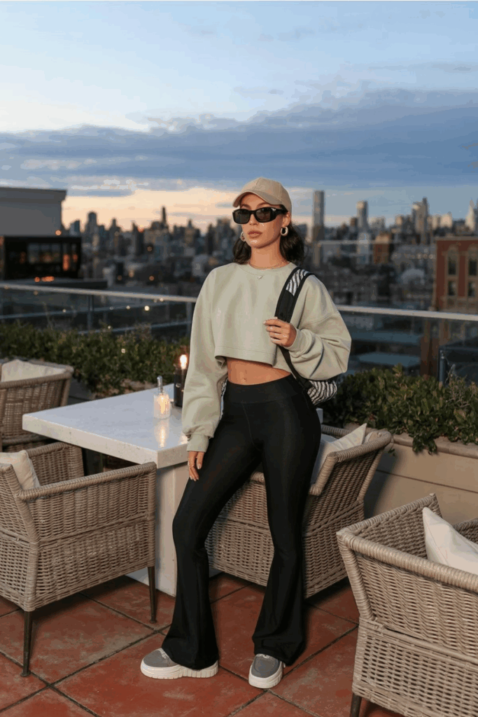 A woman styled in black flare leggings, a pale green cropped sweatshirt, and gray platform sneakers. She wears oversized black sunglasses and a beige baseball cap. Her accessories include a mini backpack and small gold huggie earrings.