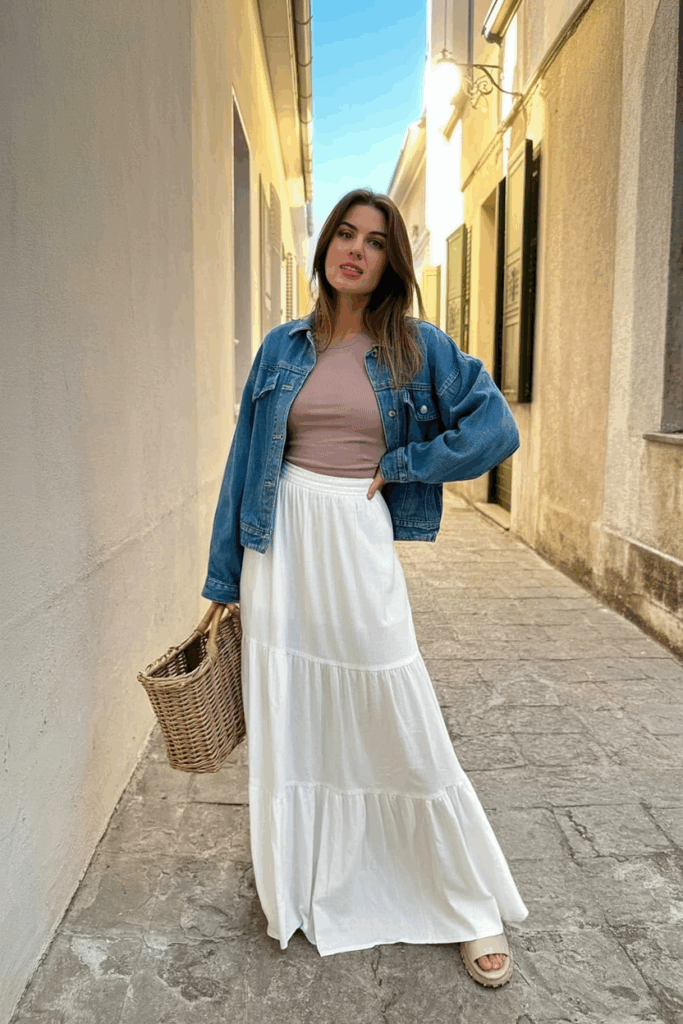 A woman wearing a soft white tiered maxi skirt made of lightweight cotton, styled with a slim-fit dusty rose top. She’s holding a woven basket bag