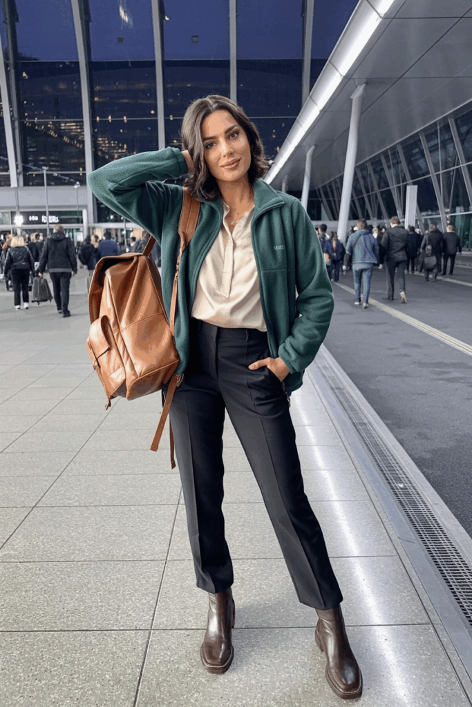 Woman in a forest green half-zip fleece jacket, layered over a light blouse, paired with slim black knit trousers and comfortable ankle boots, carrying a leather backpack