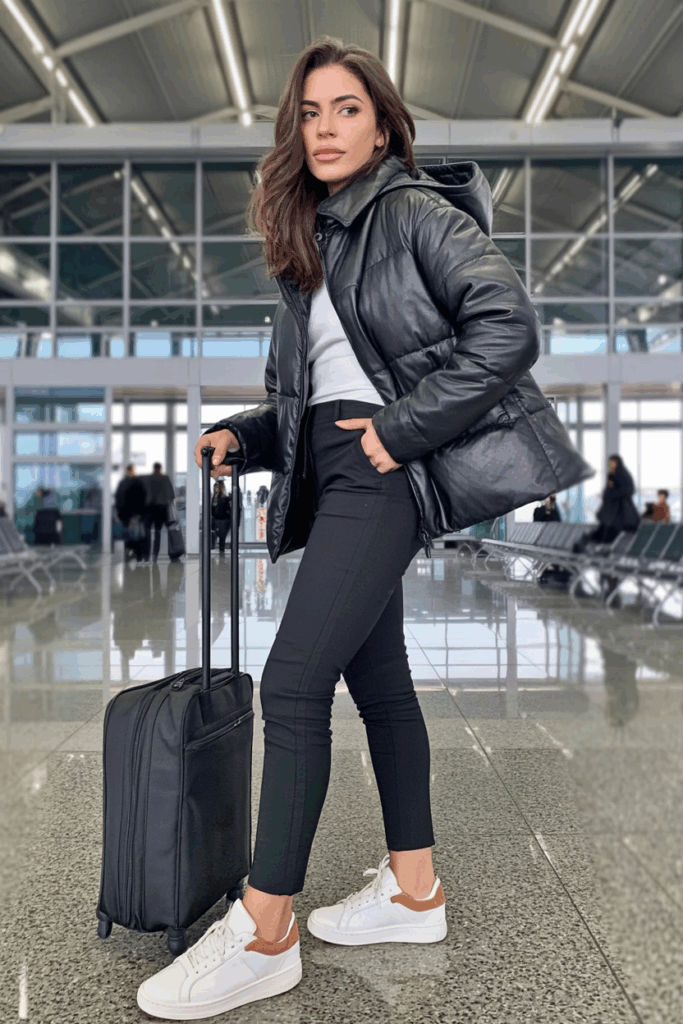 oman walking through the terminal in white leather sneakers with suede accents, combined with tapered black pants and a puffer jacket, carrying a carry-on bag