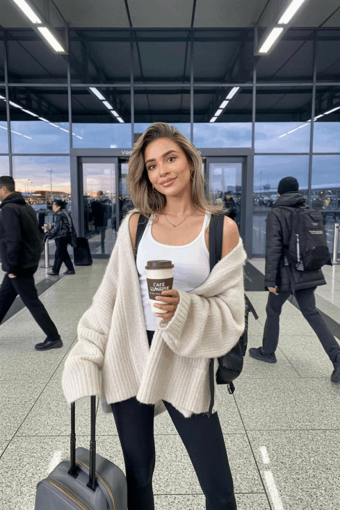 Woman layering a thin white tank top under a cozy oversized cream sweater, paired with stretchy black leggings and simple white trainers, holding a small backpack and a travel coffee cup
