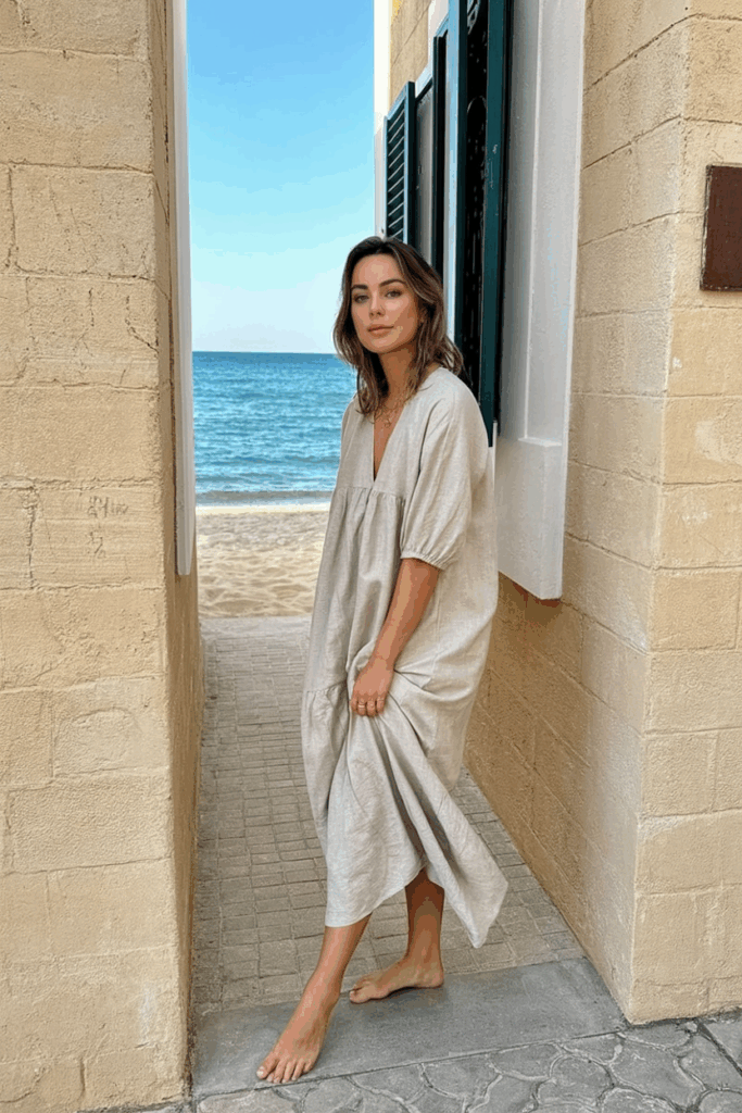 a woman in a light beige linen dress