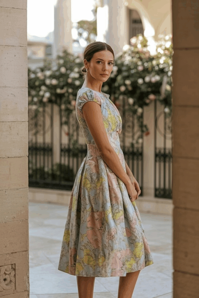A woman wearing a knee-length floral dress with cap sleeves and a gently cinched waist