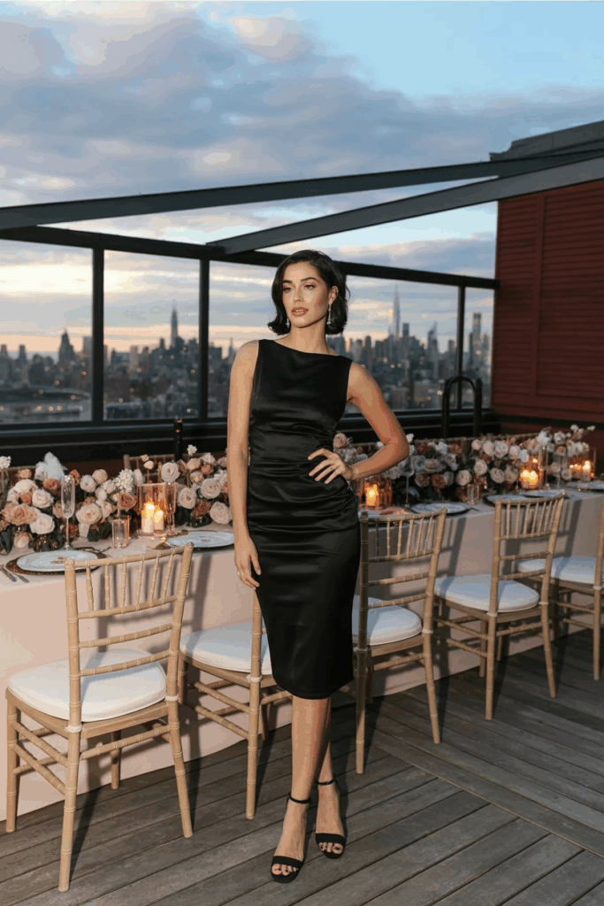 woman in a black tie sheath dress—sleek, minimalist, and perfectly tailored