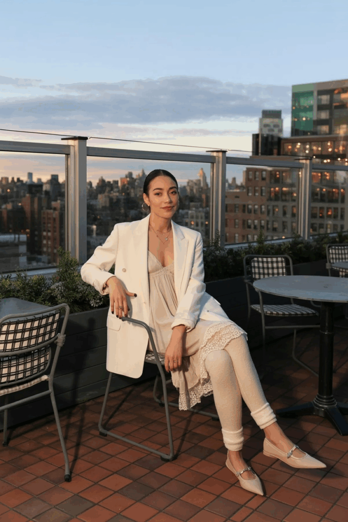 A woman wearing a cream tailored blazer over a lace slip dress with warm fleece-lined leggings, beige pointed-toe flats, and dainty jewelry