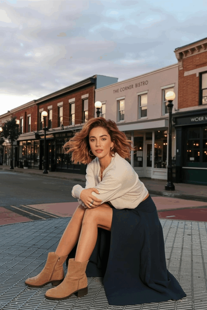 woman wearing a navy wrap skirt and tan suede ankle boots, paired with a tucked sweater.