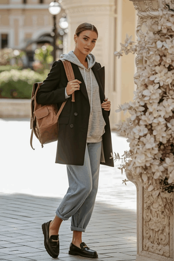 A woman wearing a structured black coat layered over a grey hoodie and baggy jeans, black loafers, a leather backpack