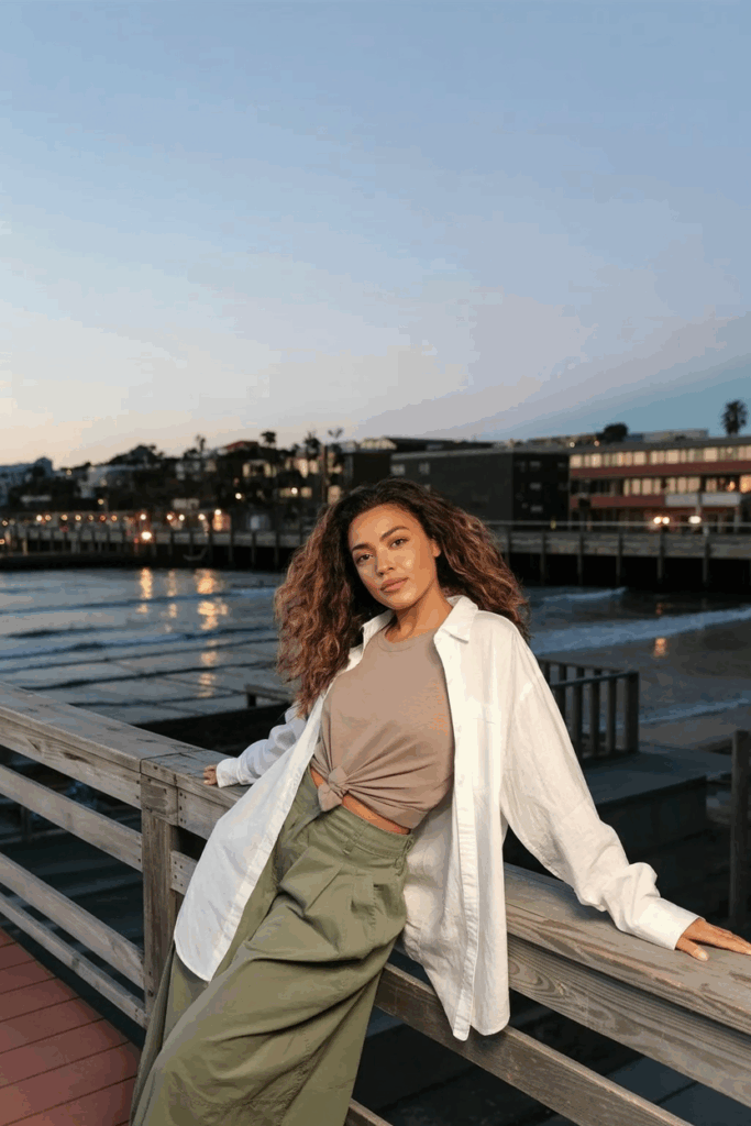 woman wearing a soft olive skirt, tucked beige tee, and an oversized white linen shirt worn open as a light layer
