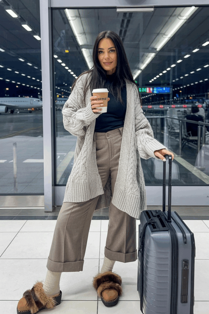 Woman standing near a large window in warm fur-lined clogs and wool socks, paired with relaxed-fit pants and an oversized cardigan