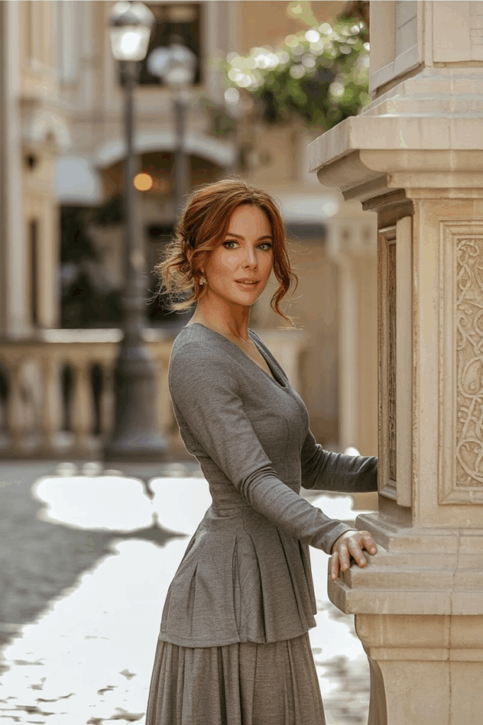 A woman in a beautifully tailored long sleeved dress