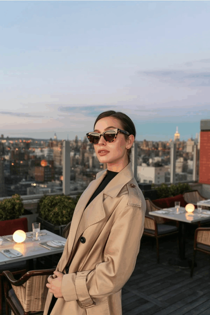 woman in tortoiseshell cat-eye sunglasses and a trench coat