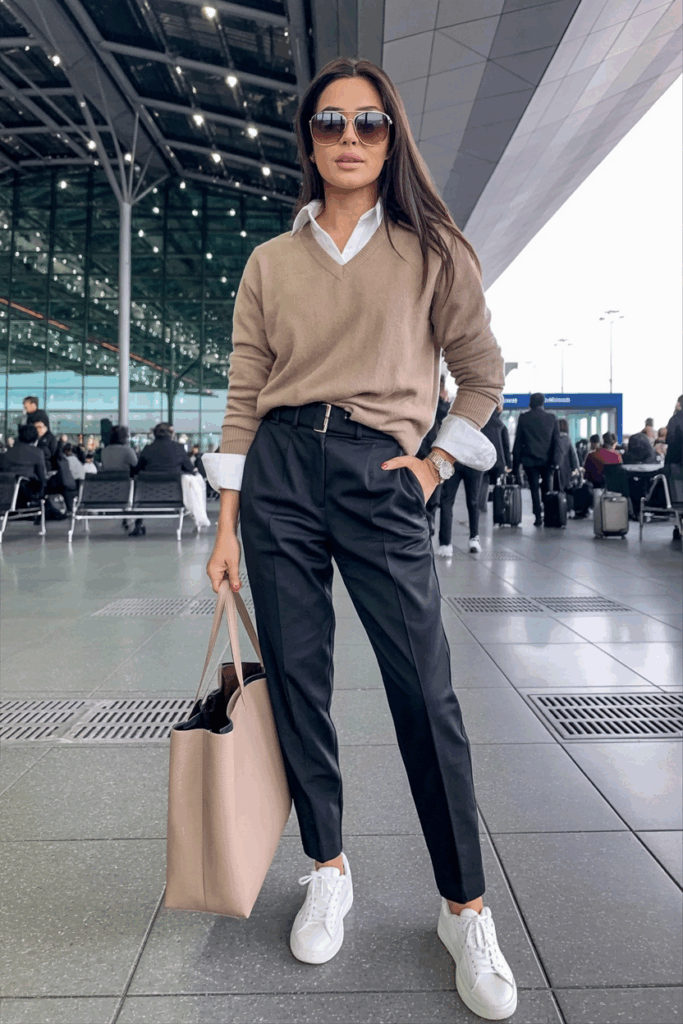 Woman wearing an oatmeal cashmere pullover over a crisp white button-down shirt, paired with black tailored joggers and white sneakers. She accessorizes with a leather tote and oversized sunglasses