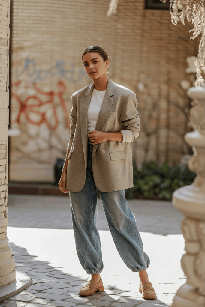 A woman wearing a beige oversized blazer, white tee, baggy jeans, tan loafers, oversized sunglasses