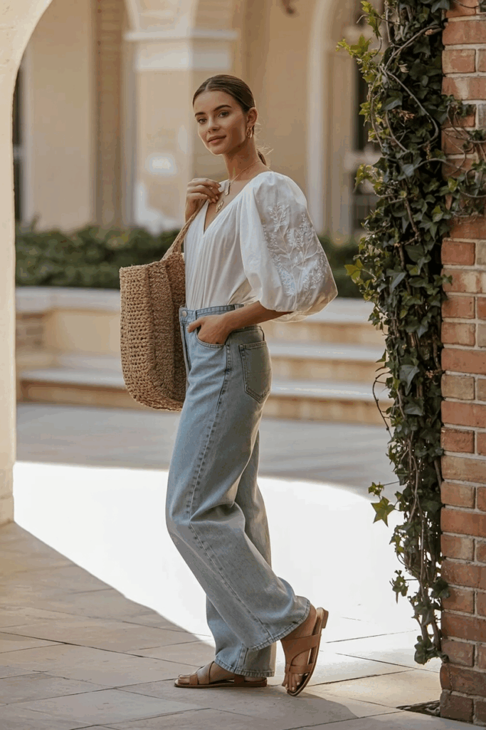 A woman wearing baggy jeans with a white puff-sleeve blouse with subtle embroidery, brown leather sandals, a woven straw bag