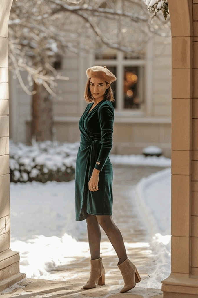 A woman wearing a deep emerald velvet wrap dress with long sleeves, black opaque wool-blend tights, black suede ankle boots, and a wool beret