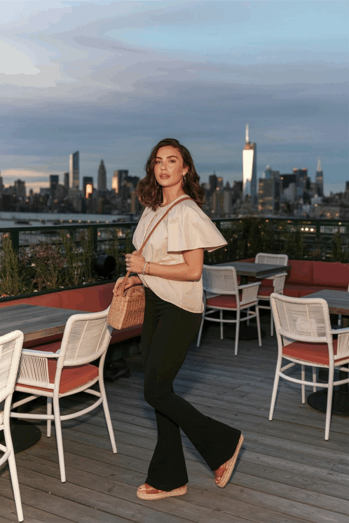 woman mid-step in black flare leggings, a flutter-sleeve cotton blouse, tan espadrille sandals, and a straw crossbody bag