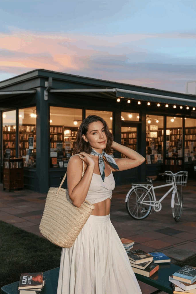 A woman wearing a flowing ivory skirt, tucked top, and a silk scarf tied loosely around her neck. She holds a woven straw tote bag