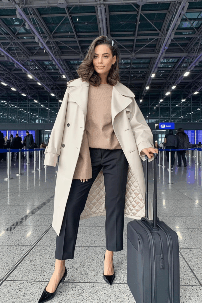 Woman in an oversized cream trench coat with quilted lining, layered over a beige sweater and tailored black pants, wearing pointed toe flats and holding a scar
