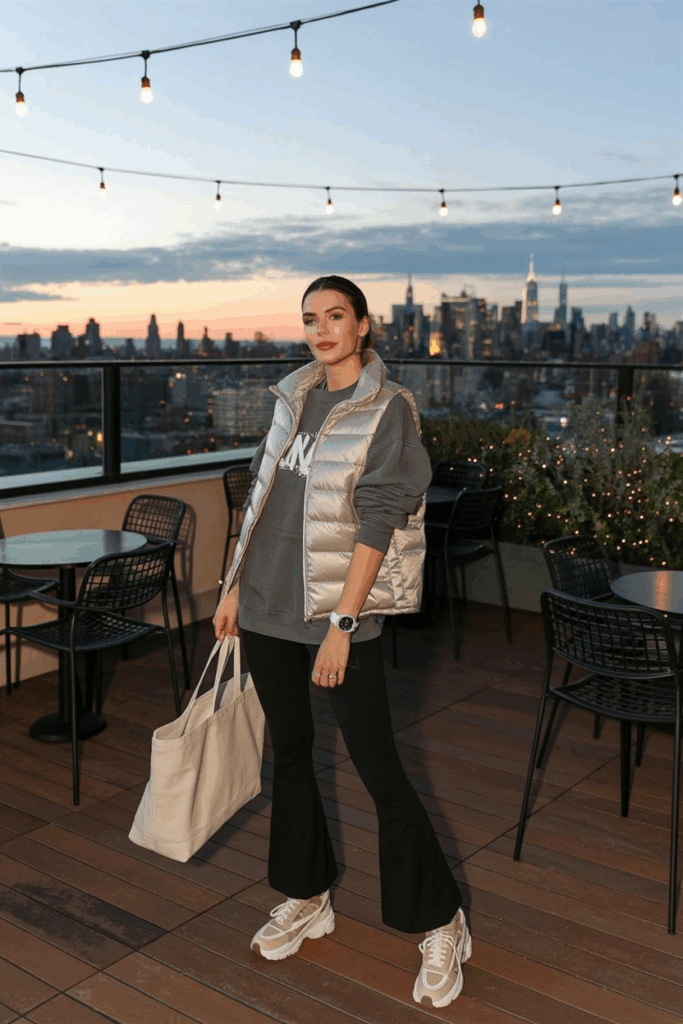 A woman in black flare leggings paired with beige and white chunky sneakers, a relaxed oversized sweatshirt, and a puffer vest. She carries a canvas tote and wears a sporty watch.