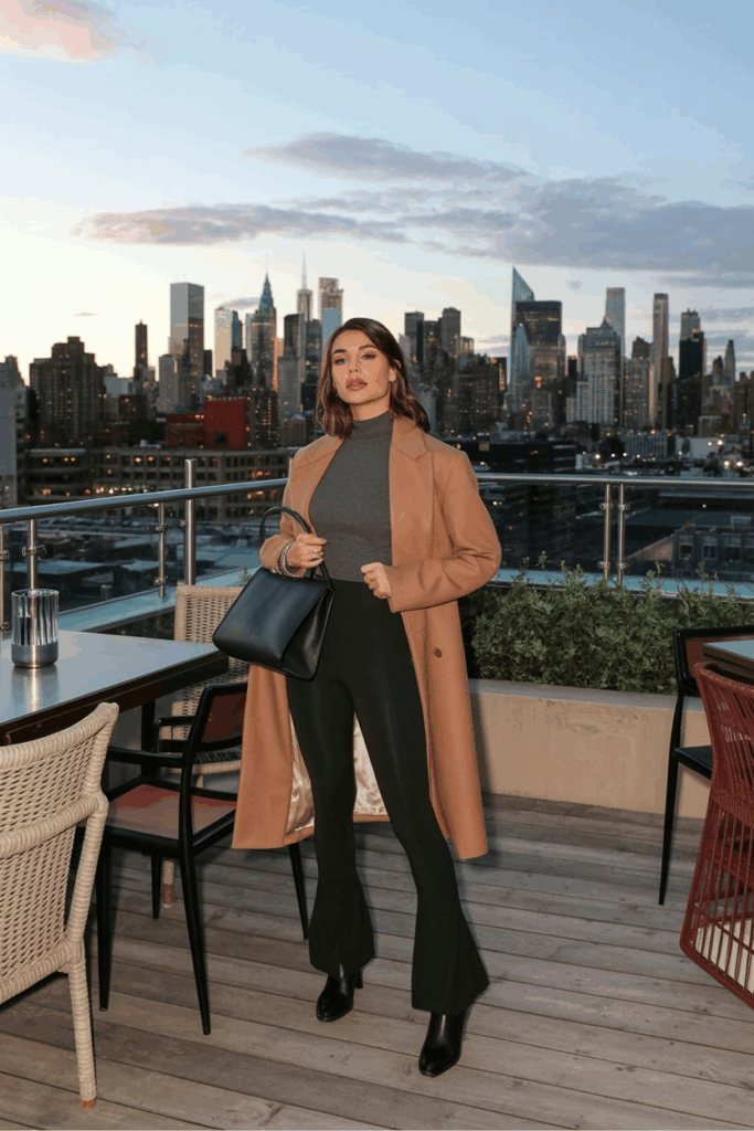 A woman in black flare leggings just grazing the tops of sleek black leather ankle boots with a subtle heel, a fitted charcoal turtleneck, and a longline camel coat. She carries a structured black handbag