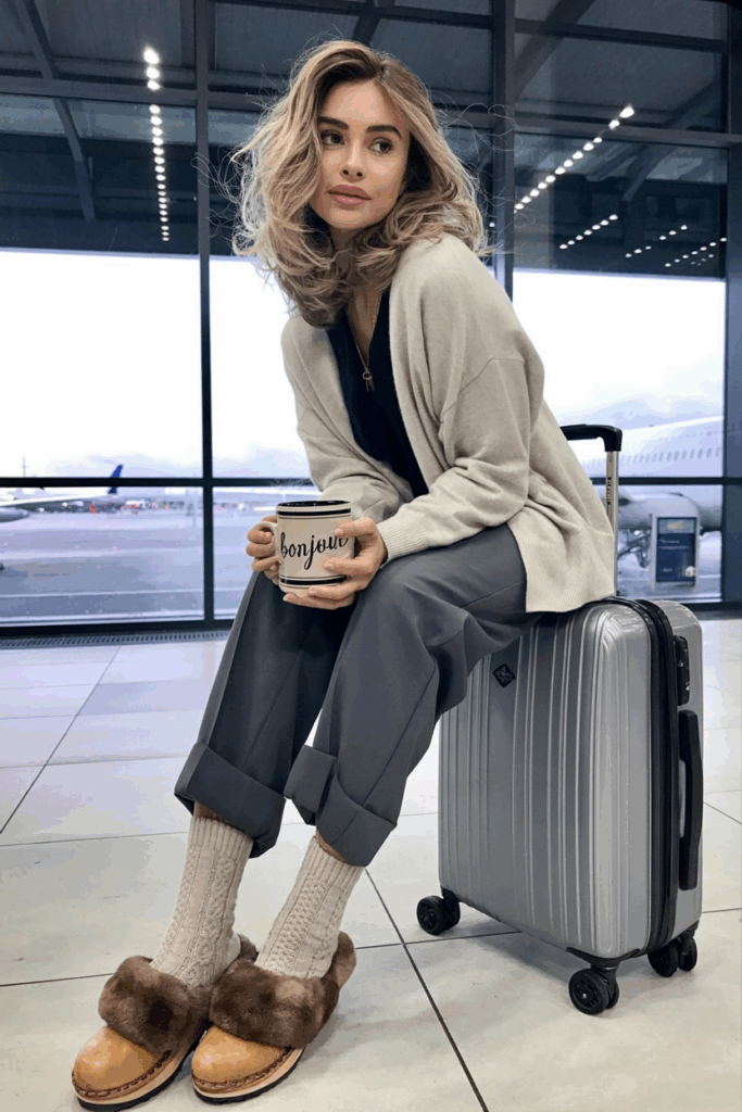 Woman standing near a large window in warm fur-lined clogs and wool socks, paired with relaxed-fit pants and an oversized cardigan