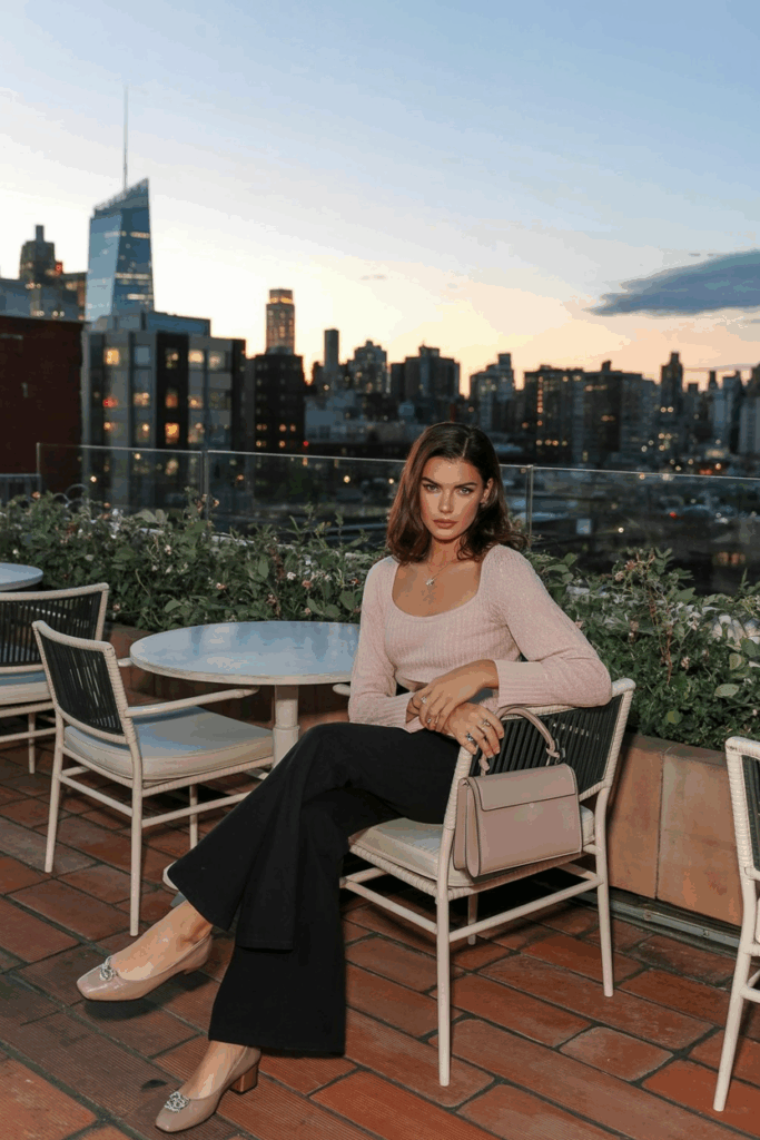 A woman seated in black flare leggings, a soft knit top in blush pink, taupe ballet flats, and a structured mini handbag. Her hair is in loose waves and she wears a dainty ring stack