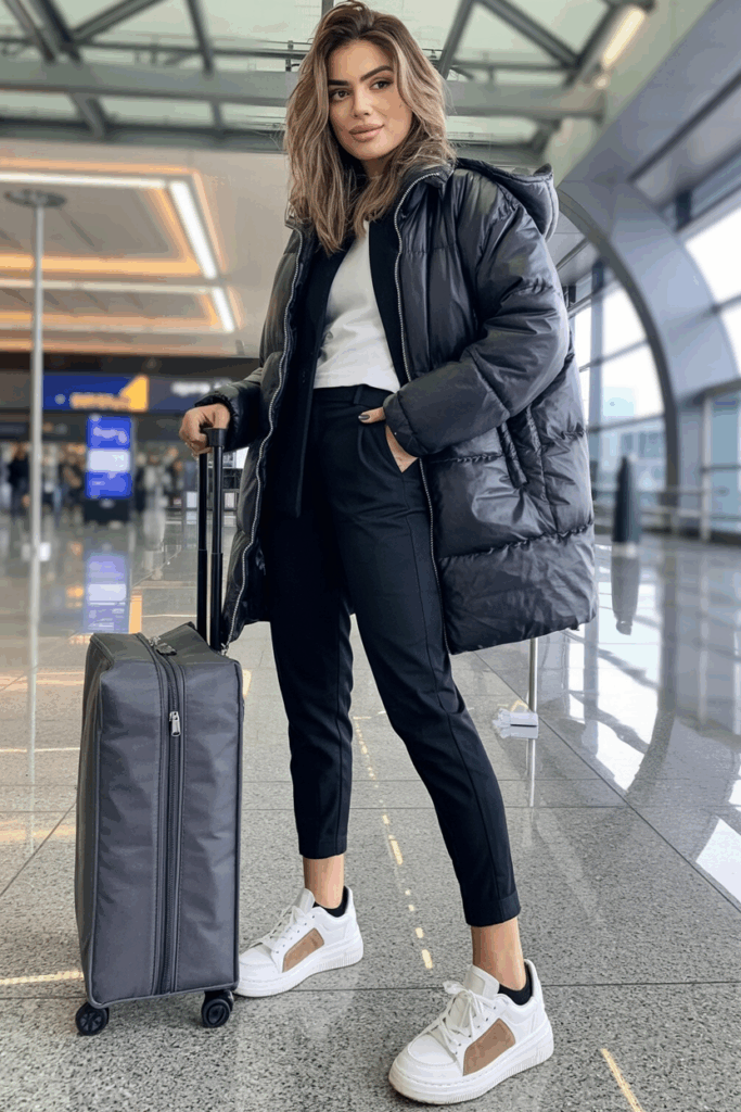 oman walking through the terminal in white leather sneakers with suede accents, combined with tapered black pants and a puffer jacket, carrying a carry-on bag